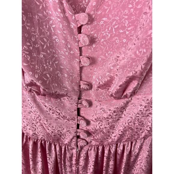 80s Cocktail Wedding Dress 0/XXS Pink Shiny Floral Satin Brocade Pleated buttons - Picture 2 of 8